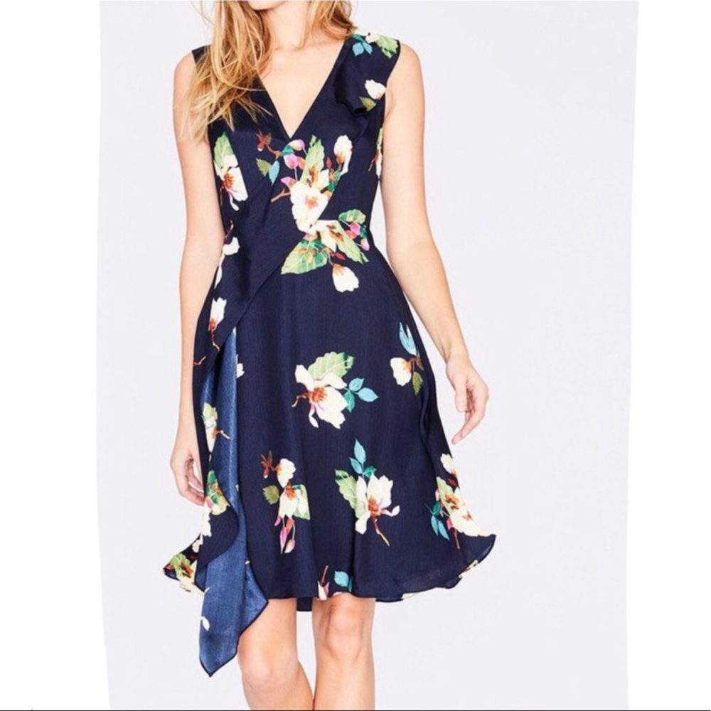 Rachel Roy Flowy Magnolia Dress Crepe Faux Wrap Large Wedding Guest Floral